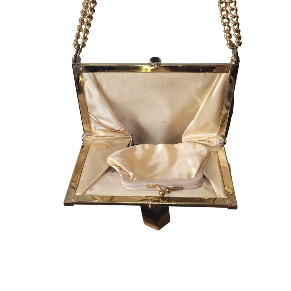 Vintage Gold Evening Bag With Chain Strap & Triangular Front Plate Satin Lined C - Picture 10 of 16